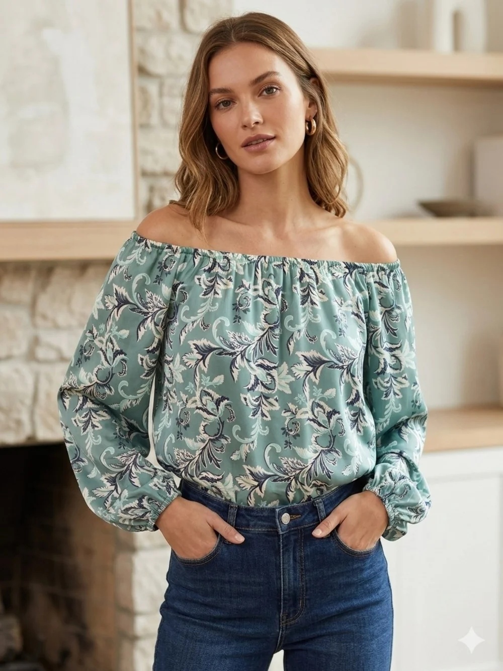 LOFT Off-Shoulder Floral Blouse in Sage Green